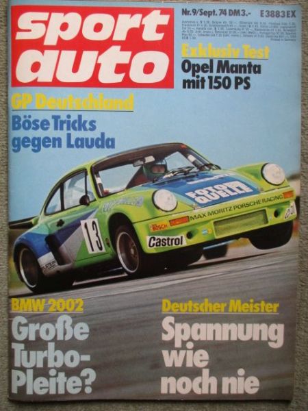 sport auto 9/1974 Porsche Carrera Turbo, Manta TE 2800,BMW 2002 turbo,