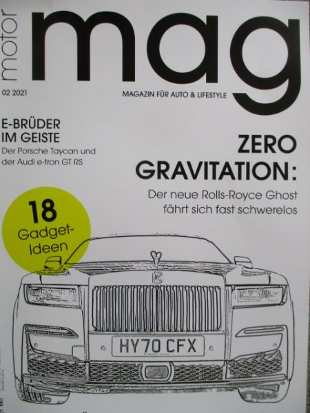 motor mag 2/2021 Rolls-Royce Ghost II,Porsche Taycan,Audi e-tron GT RS,DS9,Q4 e-tron,Kuga MHEV,Opel Mokka,R8,McLaren,Alpine
