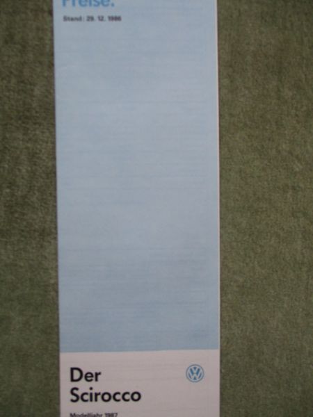 VW Scirocco Typ53B Preisliste Modelljahr 1986
