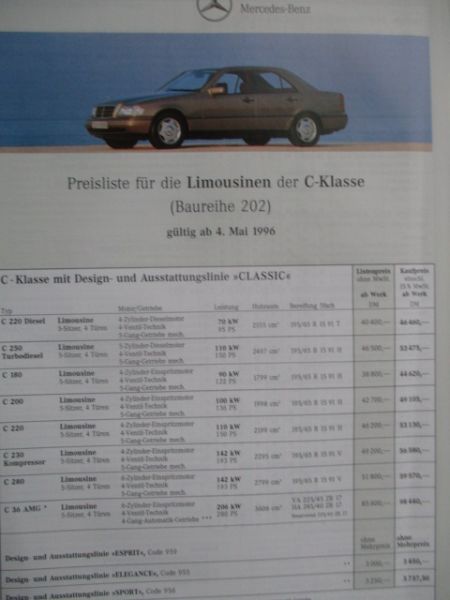 Mercedes Benz C-Klasse W202 4.Mai 1996 C220d 250TD C180-C280,C36AMG