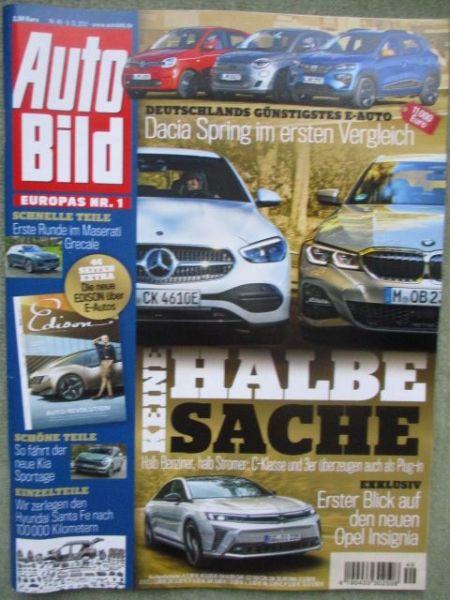 Auto Bild 49/2021 Maserati Grecale,Dacia Spring vs. Renault Twingo Electric vs. Fiat 500e,Dauertest Hyundai Sante Fe