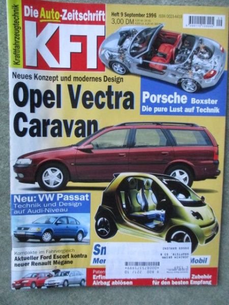 kft die Autozeitschrift 9/1996 Ford Escort vs. Megane,Porsche Boxster,VW Passat Typ3B,Vito, Smart,C230 W202,Scorpio,