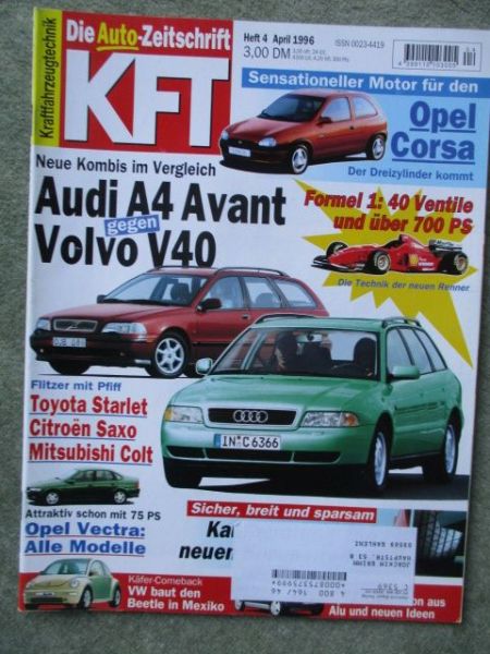 kft die Autozeitschrift 4/1996 Opel maxx,T210,Starlet,Colt/lancer,Civic Coupe, Saxo,Carina Diesel, Paseo Coupé,Toledo gebraucht