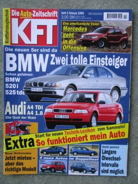 kft die Autozeitschrift 2/1996 Audi A4 1.8 vs.TDI,Megane vs. Nissan Almera,Fiesta vs. Corsa B,Mazda Xedos 9,