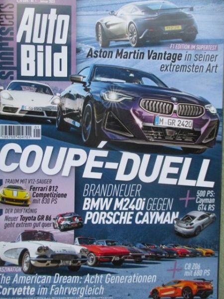 Auto Bild sportscars 1/2022 Aston Martin Vantage F1 Edition,BMW M240i G42 vs. Porsche Cayman,Cayman GT4RS,Toyota GR86