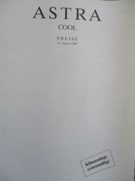 Opel Astra F Cool Preisliste 15. Januar 1996 55kw 74kw 85w
