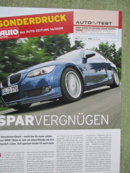 Auto Zeitung 16/2008 Alpina D3 Biturbo Coupé E92 Switchtronic Sonderdruck