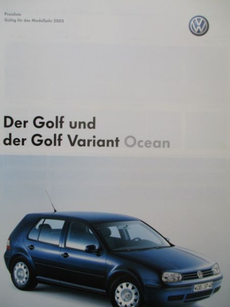 VW Golf IV Typ1J1 +Variant Ocan Preisliste Modelljahr 2003