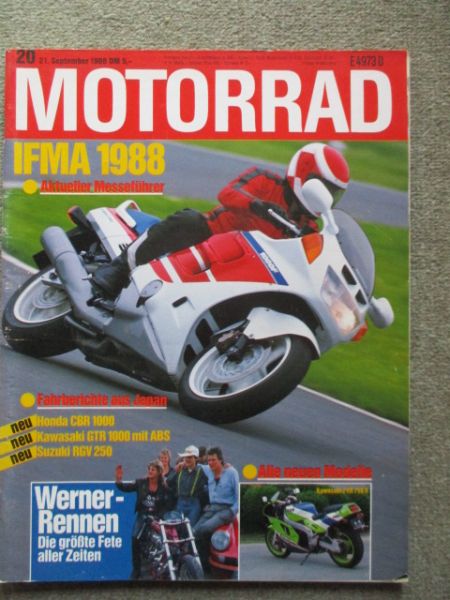 Motorrad 20/1988 Honda CBR 1000,Kawasaki GTR1000 mit ABS, ZXR750R, Suzuki RGV250,