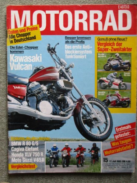 Motorrad 15/1985 Vergleich Honda NS400R vs. Suzuki RG500 vs. Yamaha RD500,Enduros BMW R80 G/,Cagiva Elefant