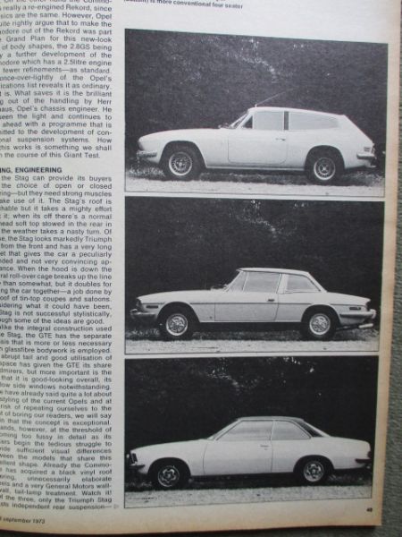 car 9/1973 Maserati GT,MG V8,Opel Commodore GS2.8 vs.Trimph Stag vs. Scimitar GTE,Consul GT vs. Datsun 240K