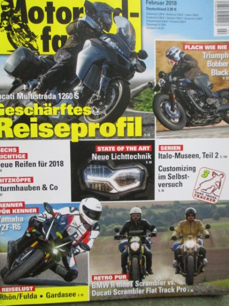 Motorradfahrer 2/2018 Ducati Multistrada 1260S,Tirumph Bober Black,Yamaha YZF-R6,BMW R nineT Scrambler vs. Ducati Scrambler Flat Track Pro