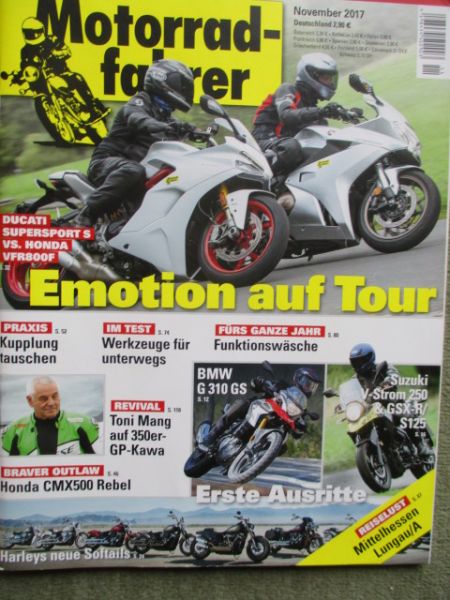 Motorradfahrer 11/2017 Ducati Spersport S vs. Honda VFR800F,BMW G310GS,Suzuki V-Strom 250&GSX-R S125