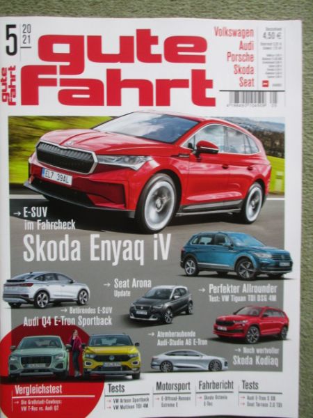 gute fahrt 5/2021 Skoda Enyaq iV,W Tiguan TDI DSG 4M, Q4 e-tron Sportback, Kodiaq,VG: T-Roc vs. Q2, Arteon Sportback