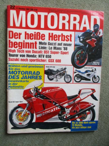 Motorrad 22/1987 Kawasaki VN750 Langstreckentest,Harley Electra Glide Sport,Yamaha FZR 400R