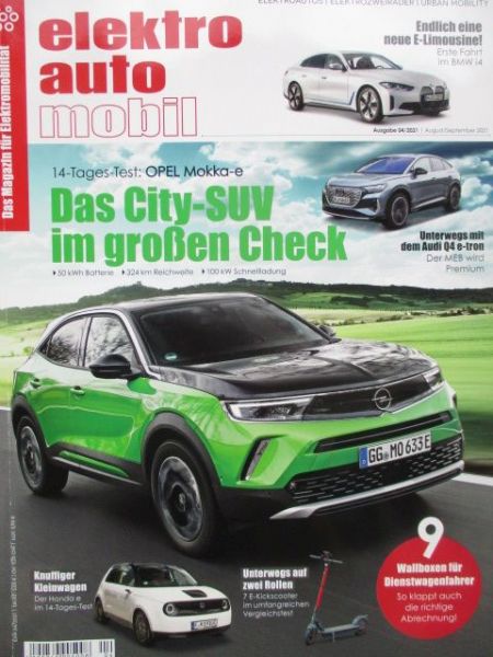 elektro auto mobil 4/2021 Opel Mokka-e,Q4 e-tron,Honda e,Kyburz eRod,EQA 250,Kia EV6,BMW iX,Mercedes Benz LE 306 von 1972