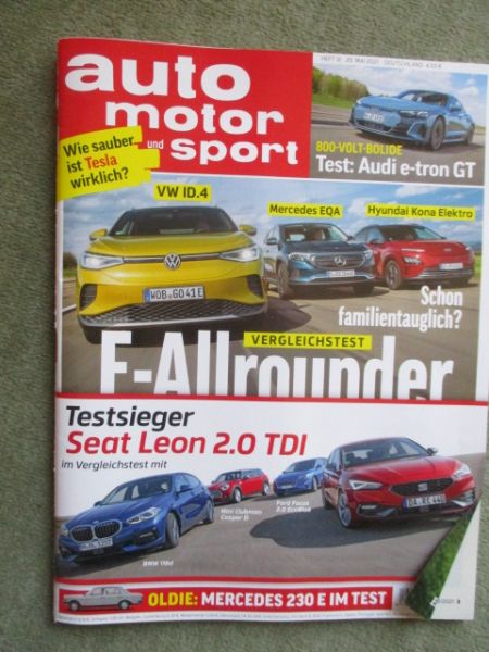 auto motor und Sport 12/2021 VW ID.4 vs. EQA vs. Kona, Mercedes Benz 230E W123 Test, Leon TDI vs. 118d F40 vs. Focus vs. Mini Clubman Cooper D