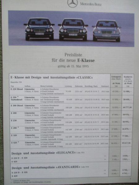 Mercedes Benz E-Klasse W210 Preisliste 15.Mai 1995 E220D E290TD E300D E200-E420