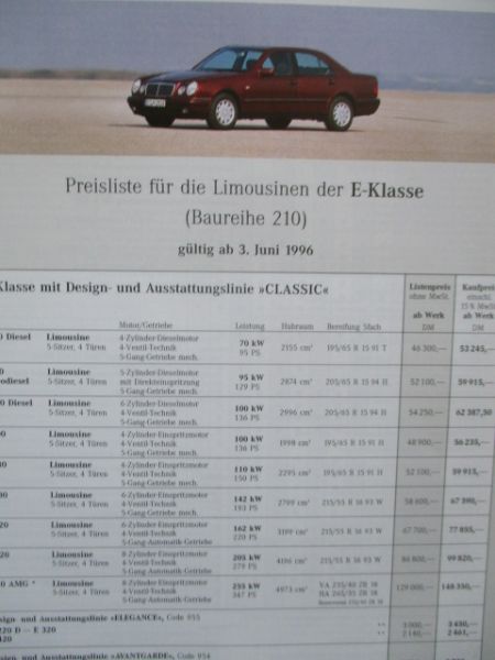 Mercedes Benz E-Klasse W210 3.Juni 1996 E220D E290TD E300D E200-E50 AMG Preisliste