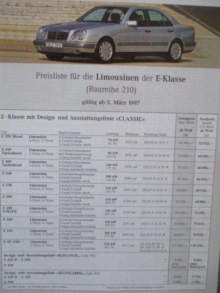 Mercedes Benz E-Klasse Limousinen W210 E220D E290TD E300TD E200-E50AMG Peisliste 3.März 1997