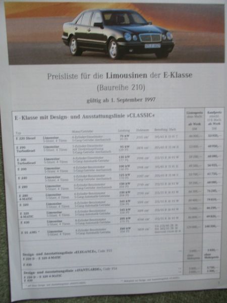 Mercedes Benz E-Klasse Limousine W210 E220d E290TD E300TD E200-E55 AMG 1.9.1997 Preisliste