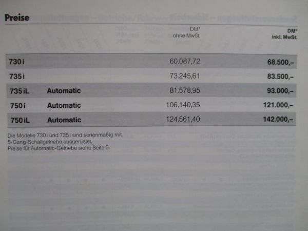 BMW 730i 735i iL 750i iL +Highline Preisliste Januar 1992