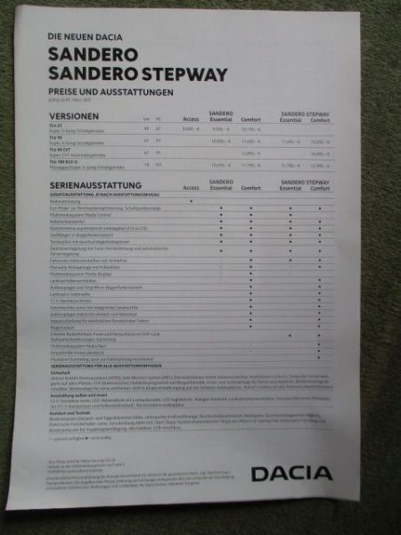 Dacia Sandero +Stepway SCe65 TCe 90 +CVT TCe 100 Eco-G Preisliste März 2021