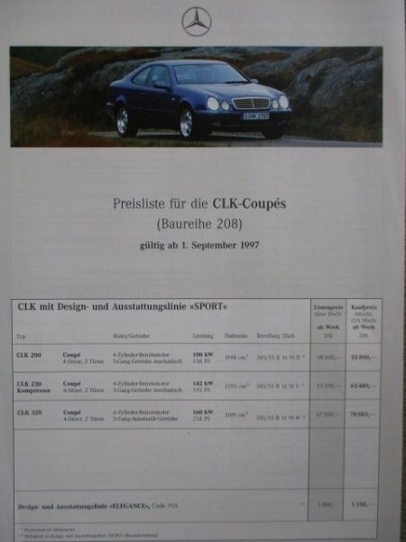 Mercedes Benz CLK-Coupés W208 1.September 1997 CLK200 230 Kompressor 320
