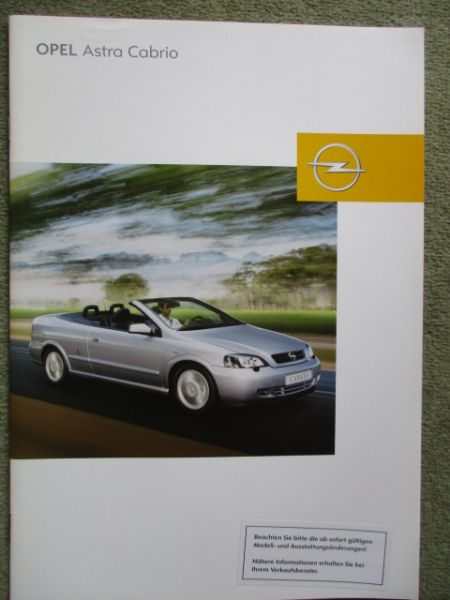 Opel Astra G Cabrio Katalog 1.6 1.8 2.2 +2.0Turbo +2.2DTI Katalog Januar 2002+Preisliste