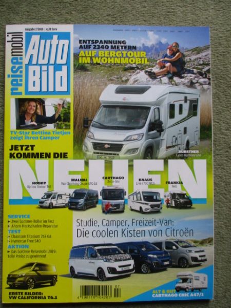 Auto Bild reisemobil 7/2019 Hobby Optima Ontour T65 vs. Van Charming Coupé 640LE vs. Carthago chic-e-line