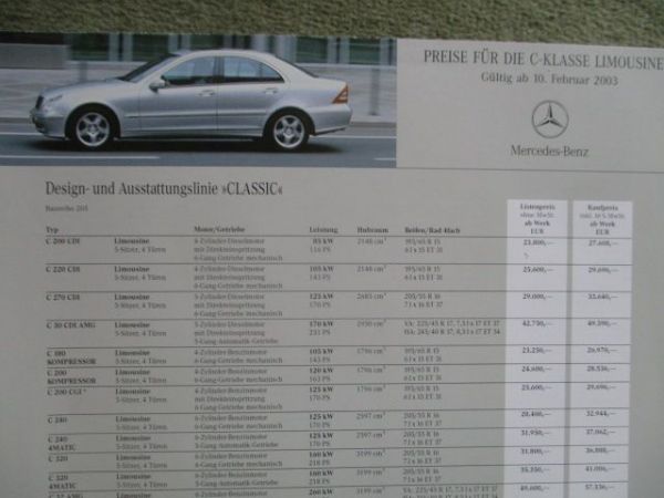 Mercedes Benz C-Klasse Limousinen W203 C200CDi 220CDI 270CDI C30CDI AMG,C180K-C320,C32AMG 10.Februar 2003