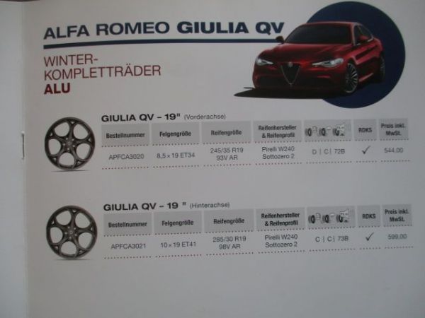 Alfa Romeo Authentic Accessories Winter Komplett Räder 2021/2022 Giulietta +Giulia +QV +Stelvio+QV