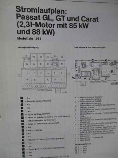 VW Passat GL,GT und Carat (2.3l Motor mit 85kw und 88kw) Stromlaufplan Oktober 1985 32B