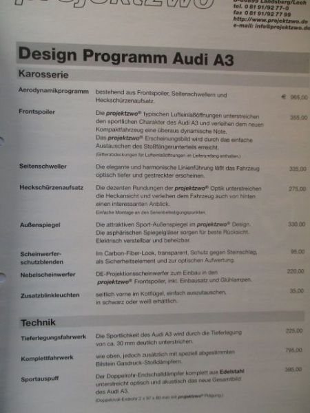 projektzwo Audi A3 (8L) Design Programm Katalog +Preisliste 2002