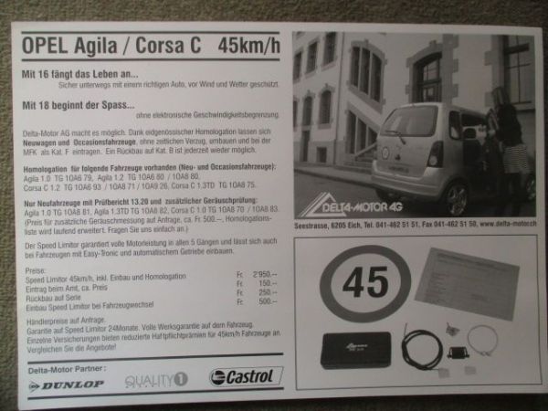 Delta Motor AGOpel Agila A 1.0TG +Corsa C 1.2TG 45km/h Prospektblatt