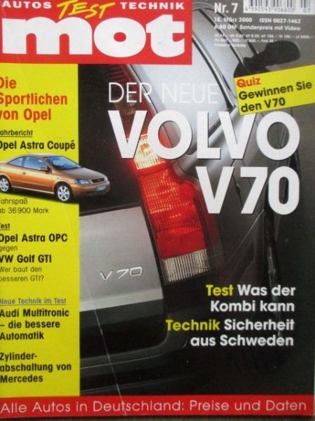 mot 7/2000 Volvo V70,Opel Astra G Coupé 2.2 16V,Astra OPC vs. Golf GTi,Audi A6 (4B) Multitronic, Dauertest A170CDI BR168