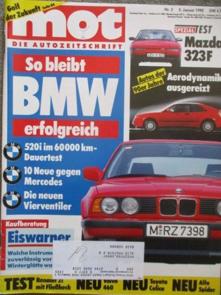 mot 2/1990 BMW 520i E34 Dauertest,Mazda 323F 1.6GLX,Renault 21 TXE,Audi Coupé Quattro 20V,VW Futura,