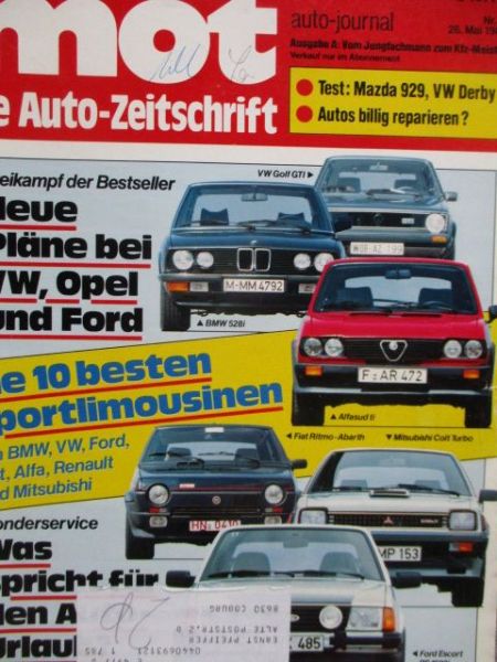 mot 11/1982 BMW 528i E28,Alfasud ti,Ford Escort RS 1600i,Mazda 929,Derby Foreml E,Audi 2000,