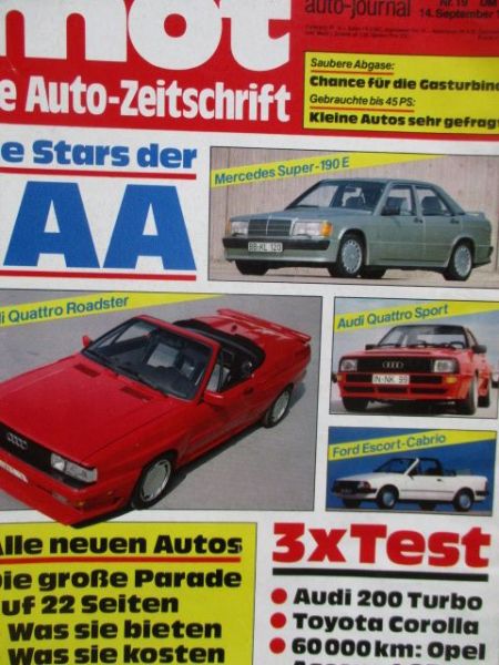 mot 19/1983 Audi 200 turbo Typ44, Toyota Corolla 1.6DX,Dauertest Opel Ascona 1.6D,Volvo 360GLE,Nissan Micra 1.0S