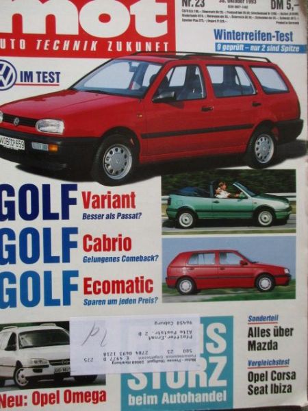 mot 23/1993 Porsche 911,VW Golf3 Variant GL 1.8i vs. Passat Variant GL 1.8i,Golf3 Cabrio 1.8i,Golf Ecomatic