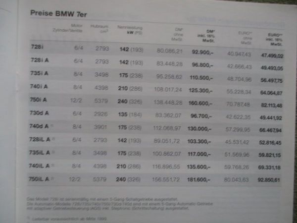 BMW 728i-750i,730d 740d +IL Modelle E38,840Ci 850Ci E31 Preisliste März 1999
