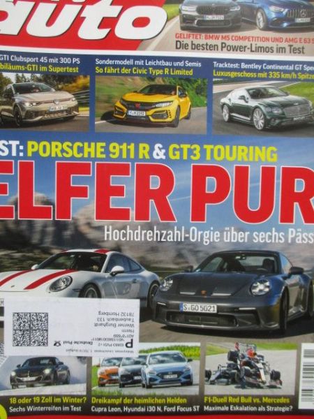 sport auto 11/2021 BMW M5 Competion F90 vs. AMG E63S,911 GT3 Touring und 911R,VW Golf8 GTI Clubsport 45