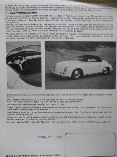 Apal Speedster Prospektblatt Belgien Deutsche Ausgabe