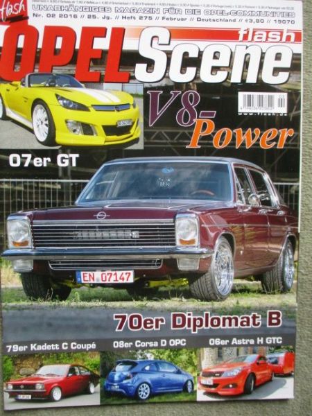 flash Opel Scene 2/2016 Diplomat B V8 6.6l, Rekord B,Asscona B400,Astra G,Kadett C Coupé,Manta B i300,Kadett D