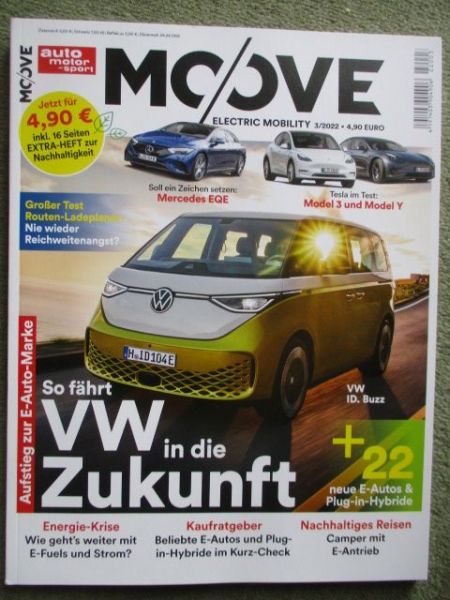 auto motor & sport moove 3/2022 Mercedes EQE,Tesla Model 3 und Model Y,Ypeng P5,Ioniq 5,Mustang Mach-E