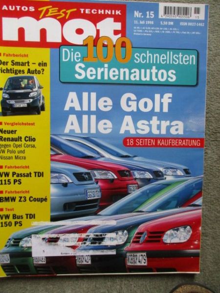 mot 15/1998 Golf4 vs. Opel Astra G,VW Passat 1.9TDI (115ps),Clio 1.2RT va. Micra 1.0 Motion vs. Corsa B 1.0 12V Eco