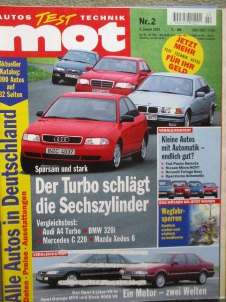 mot 2/1995 VG:A4 Turbo vs. BMW 320i E36 vs. C220 W202 vs. Xedos 6,Opel Omega B MV6 vs.Saab 9000V6,