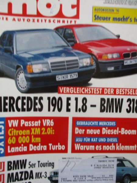 mot 14/1991 BMW 318i E36 vs. 190E 1.8 w201,Dauertest Citroen XM 2.0i,VW Passat VR6,Lancia Dedra Turbo,