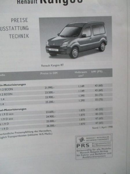 Renault Kangoo Preisliste 4/1998