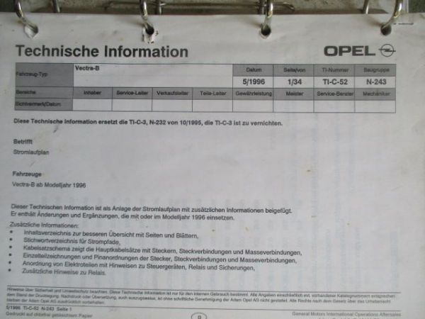 Opel Vectra B Fahrzeug Elektrik ab Modelljahr 1998